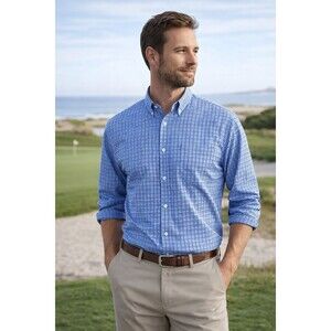 Southern Tide Charleston Performance Shirt brrr Cooling Blue Check M